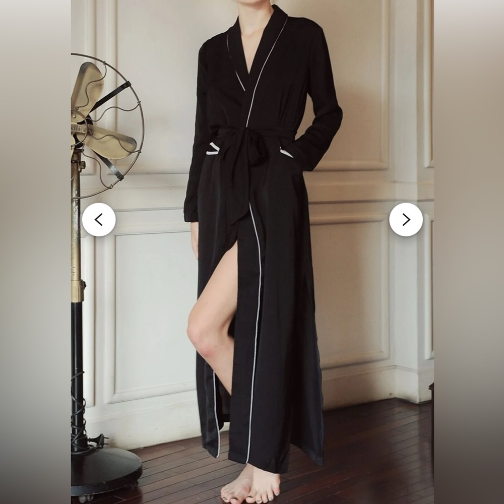 🖤 NEW! Lelasilk Handmade 100% Silk Long Robe – Black – Size XL-XXL